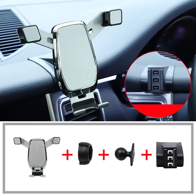 Wireless charging navigation car phone stand gravity linkage holder in black for Porsche alloy carbon fibre ABS