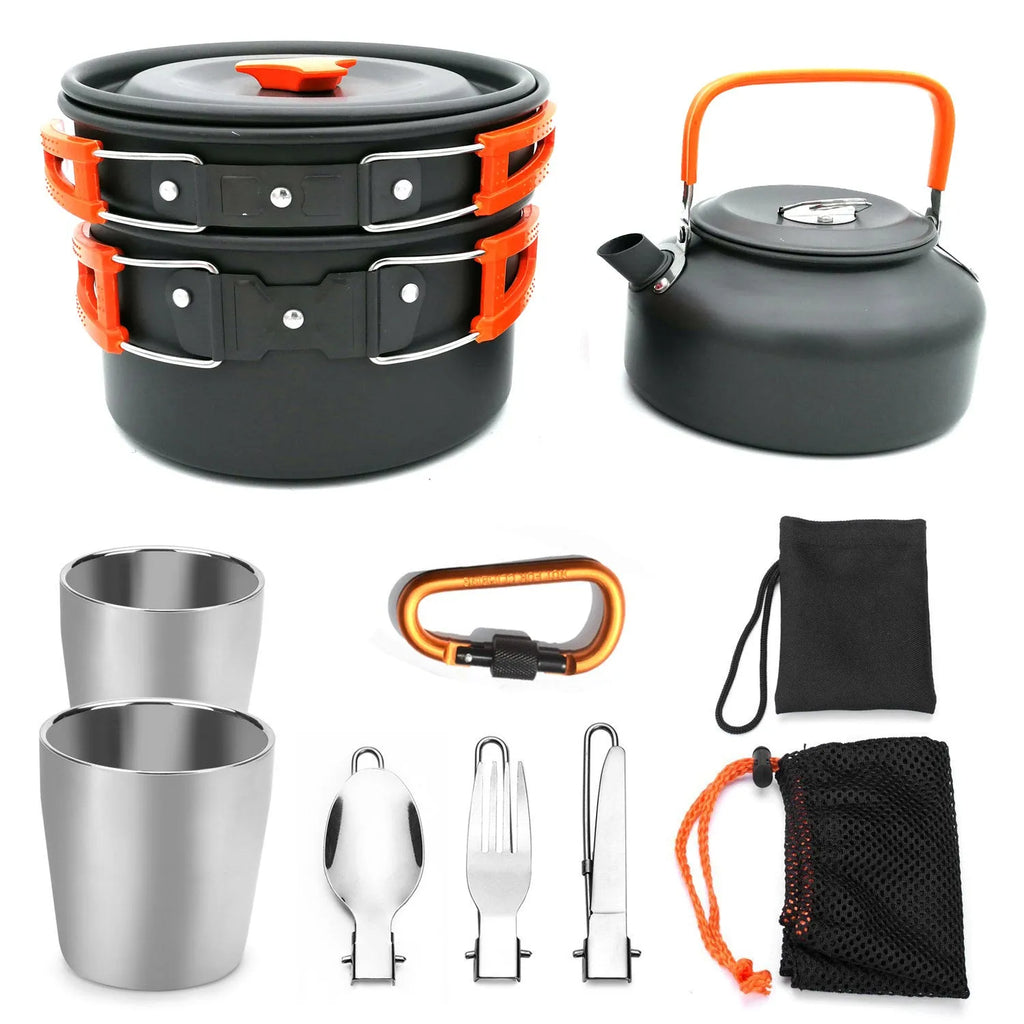 Hard alumina camping cookware set with boiler, frying pan, 800 ml teapot, two stainless steel cups and mesh bag