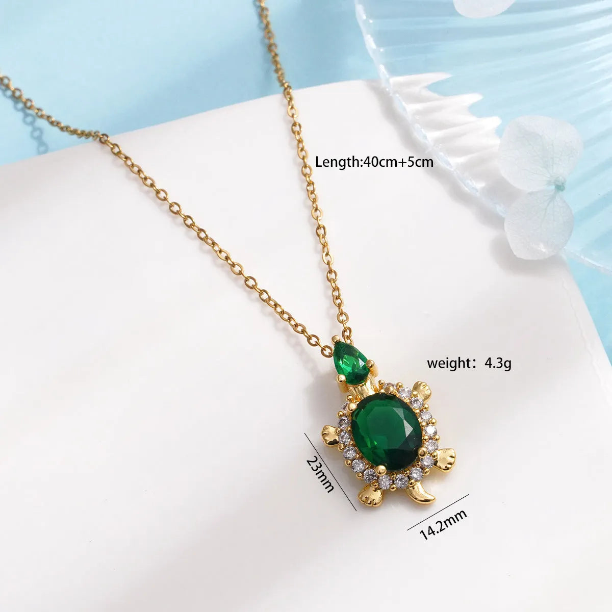 Gold-plated copper sea turtle necklace with zirconium accents and mixed gemstone inlay, O-link chain, light luxury style for women