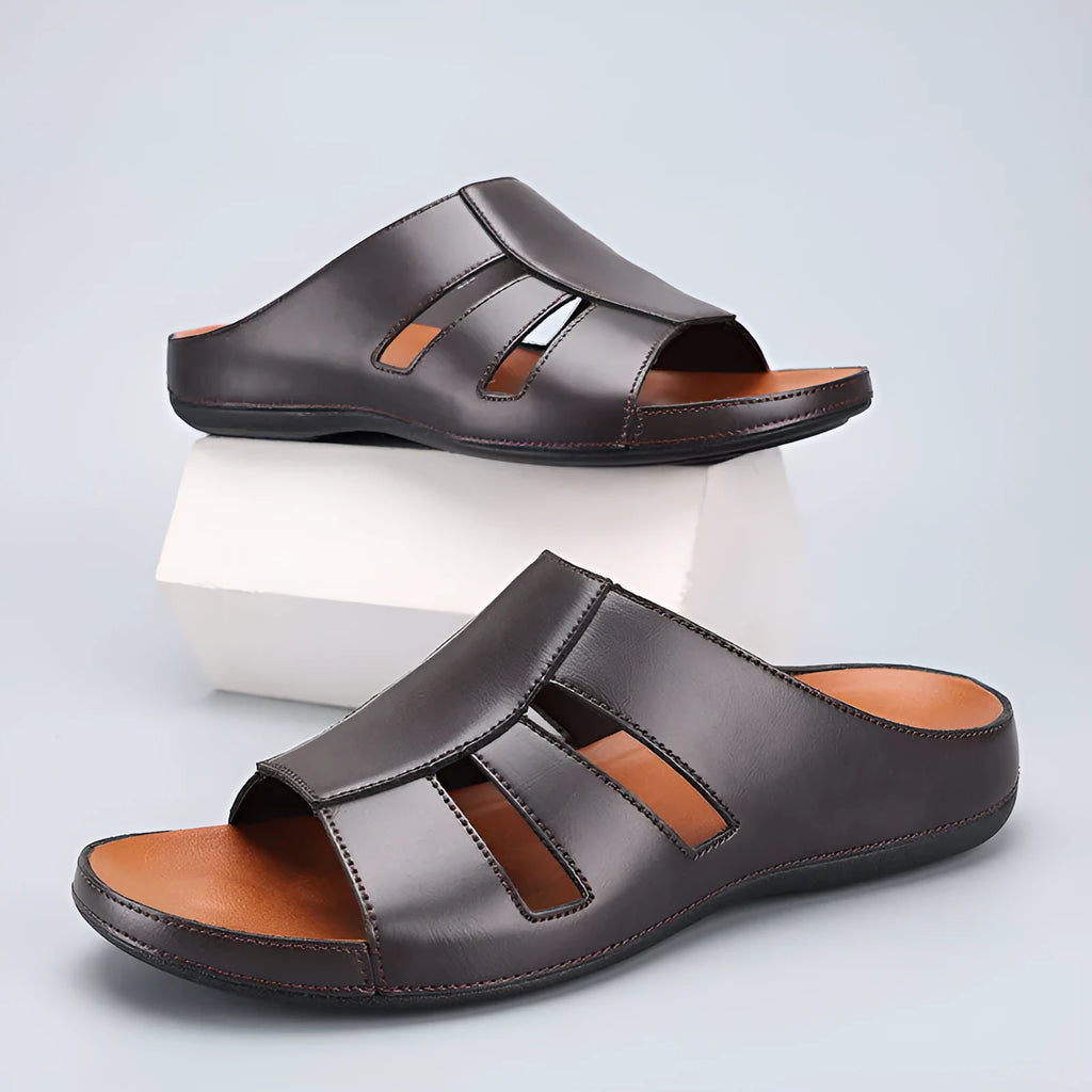 Men's PU leather flip flops in black, khaki, light brown, dark brown, and yellow brown, sizes 40 to 46