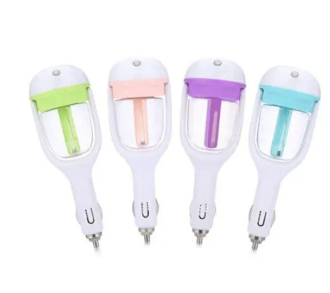 Compact portable car humidifier in blue, green, pink or purple with 180-degree rotation spray head