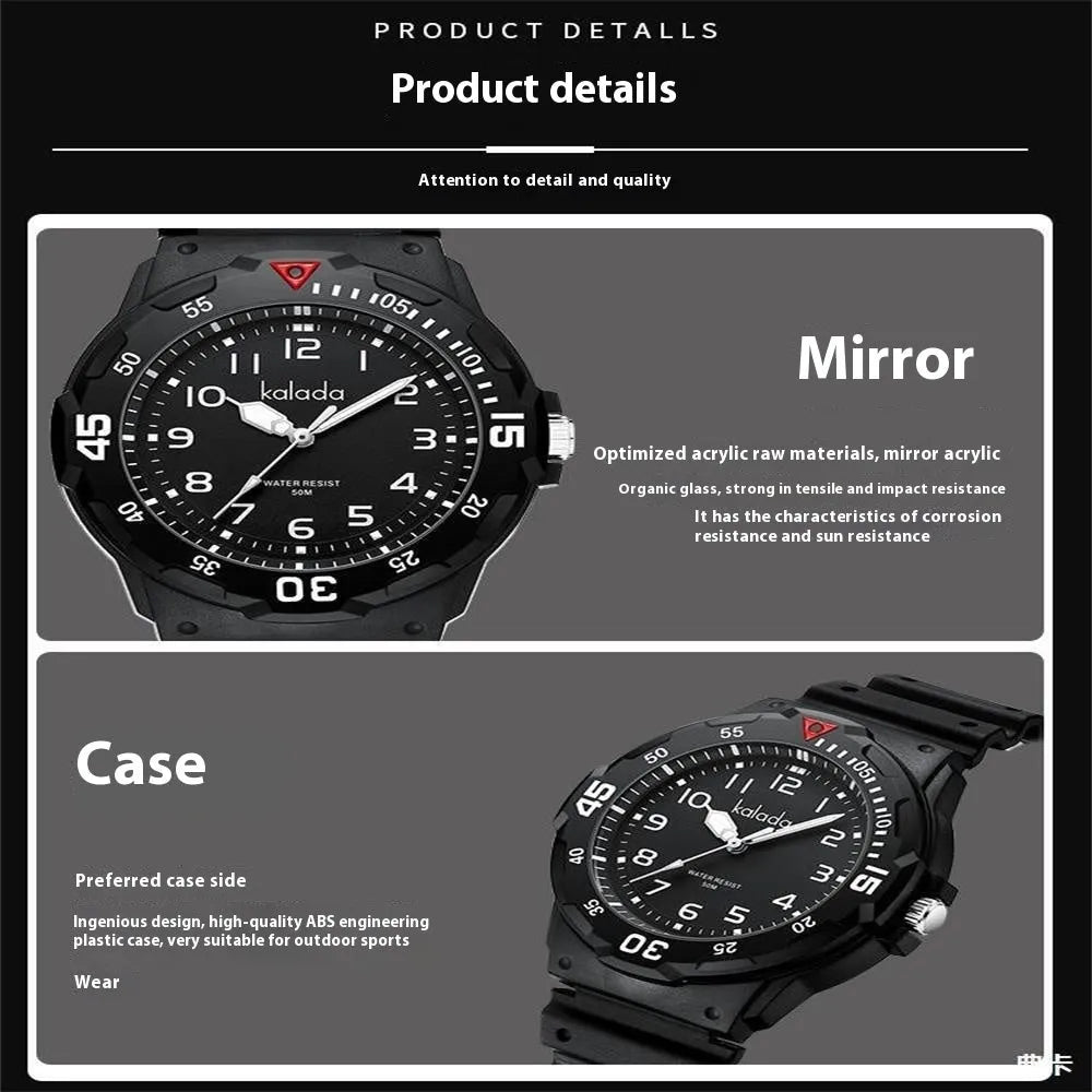 Men's sports luminous pointer quartz watch, casual style, black and blue colour option