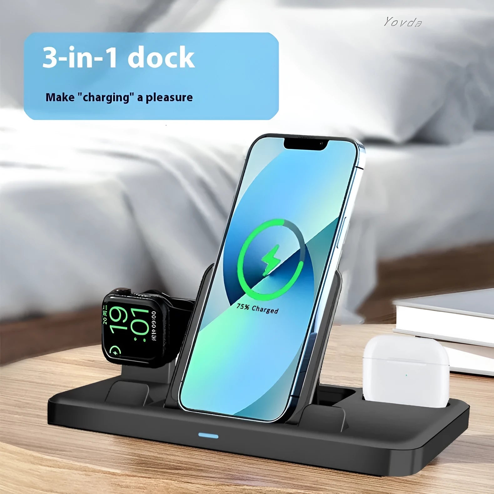 Black ABS three-in-one charging base with phone in upright bracket and tablet on pad