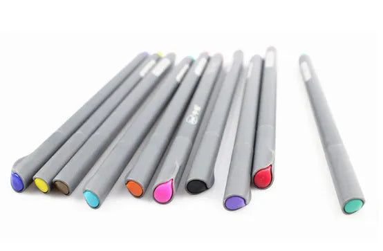 Pack of ten black hook line pens with 0.38mm syringe tips for technical drawing.