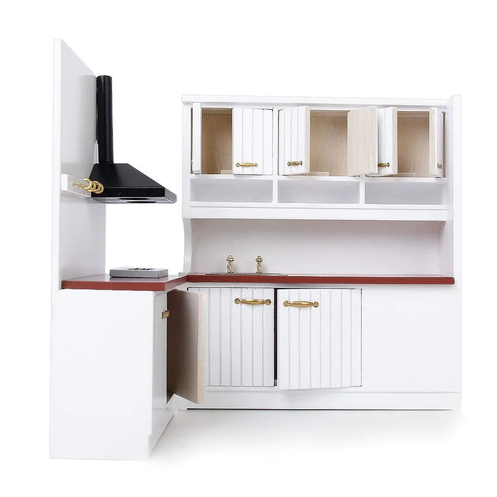 White birch dollhouse kitchen cabinets with working doors and metal handles, sink and stove units