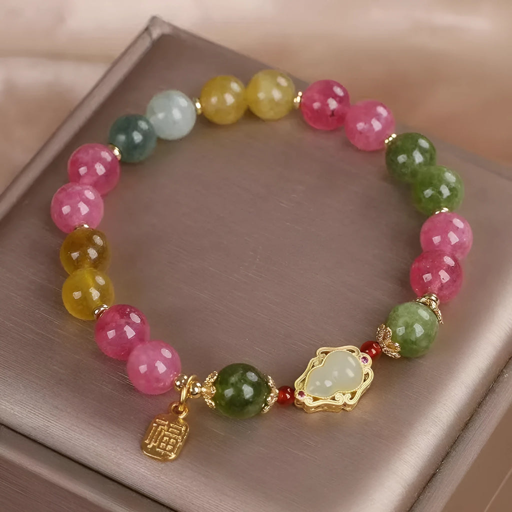 Women's colourful tourmaline bracelet with gourd charm and flower design on mixed materials
