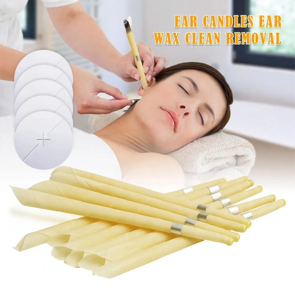 Natural beeswax ear candle for ear wax removal, conical shape, 23.5cm length, on a white background