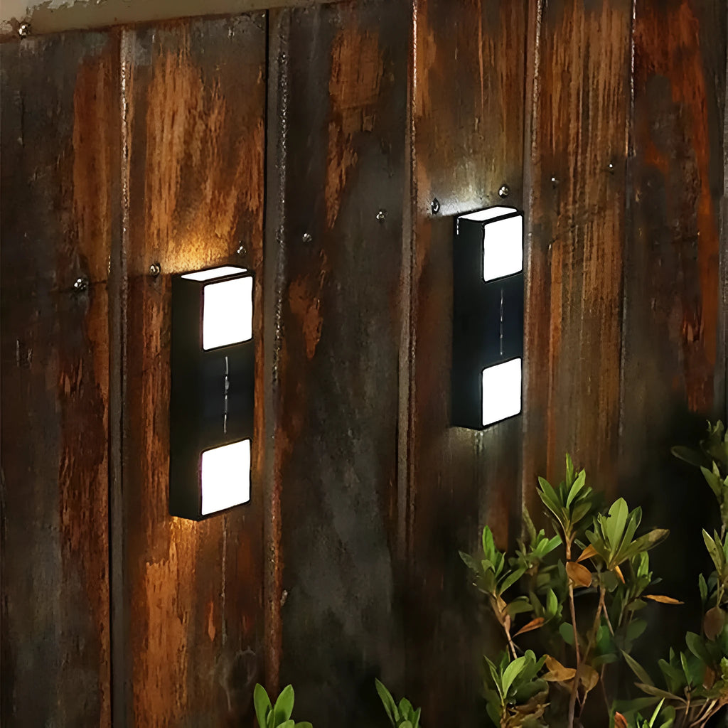 Solar outdoor wall lamp waterproof with bidirectional sensor, ABS housing, 63x120x30mm dimensions, warm white light