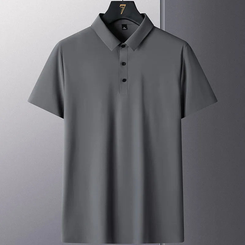 Men's non-iron short sleeve business casual shirt in navy blue on a hanger.