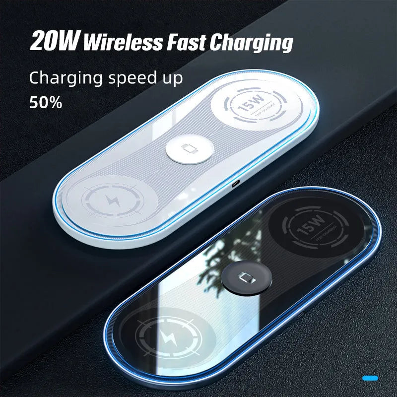 Flat white 3-in-1 wireless charger with ambient light charging a smartphone