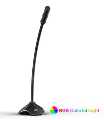 Black wired computer microphone with foam pop filter on a desktop stand.