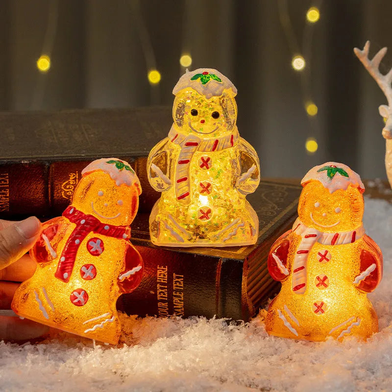 Glowing Christmas gingerbread man snowman ornament with a red scarf, plastic decoration.