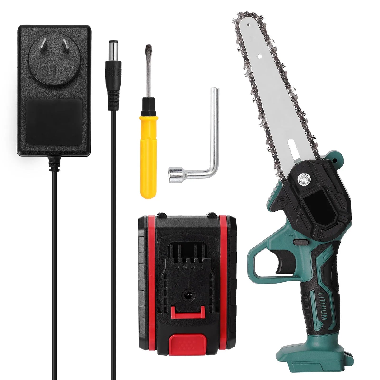 Black one-hand mini electric chainsaw with a 4-inch guide bar on a workbench.