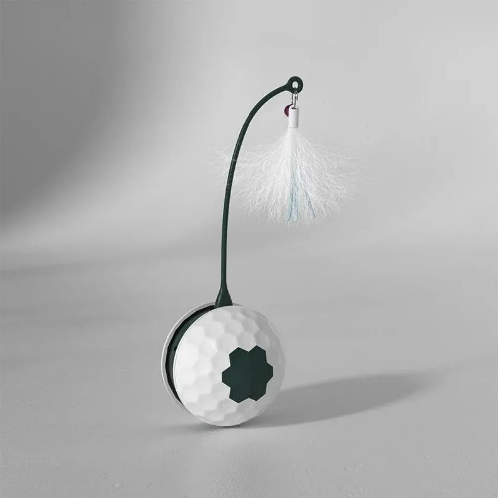 Self-moving cat teaser stick with feather and hemp rope attachments on a red base with USB charging cable