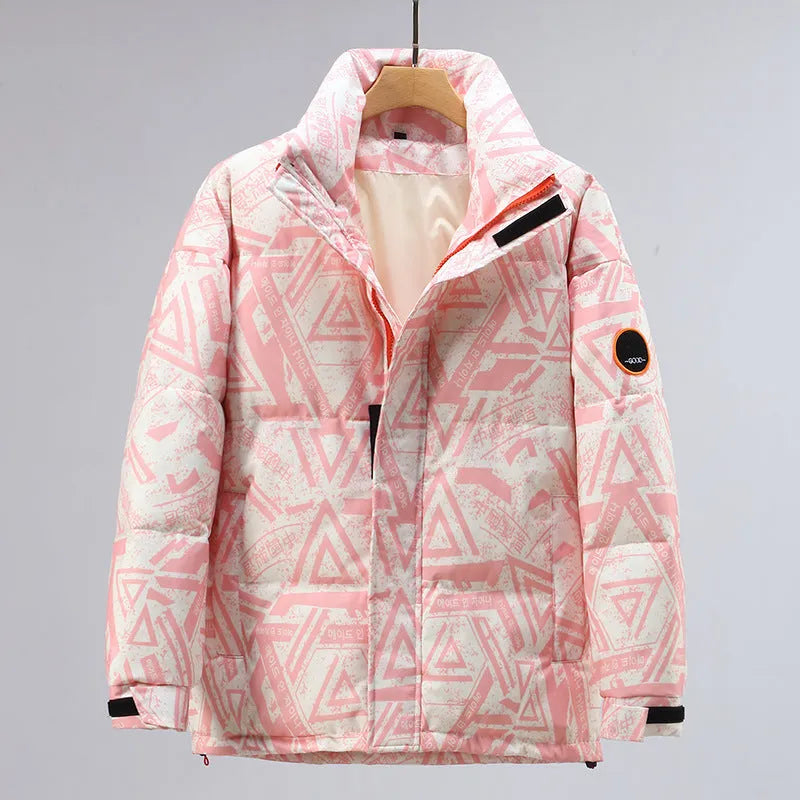 Men's camouflage winter down jacket with white duck down filler and polyester shell, available in black, blue, khaki or pink, sizes M to 3XL.