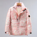 Men's camouflage winter down jacket with white duck down filler and polyester shell, available in black, blue, khaki or pink, sizes M to 3XL.
