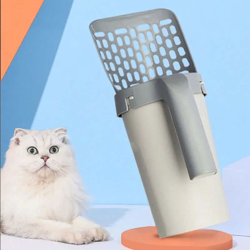 Integrated cat litter shovel set in advanced grey, PP plastic, 20 x 12 x 29cm, with storage box and litter bag option