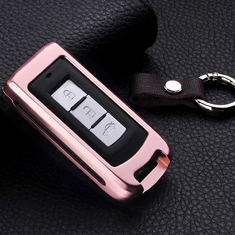 Aluminium alloy key shell sleeve buckle cover for car key protection in silver with cowhide leather accent