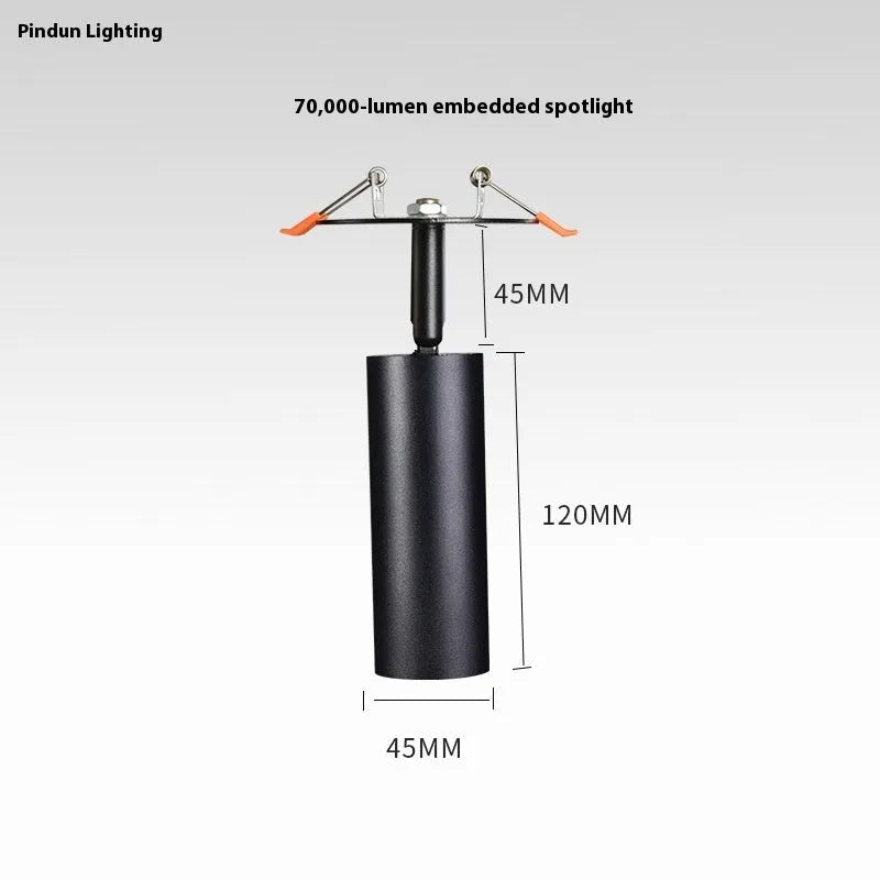 Black and white embedded cylinder LED spotlight for track lighting with selectable power and colour temperature settings.