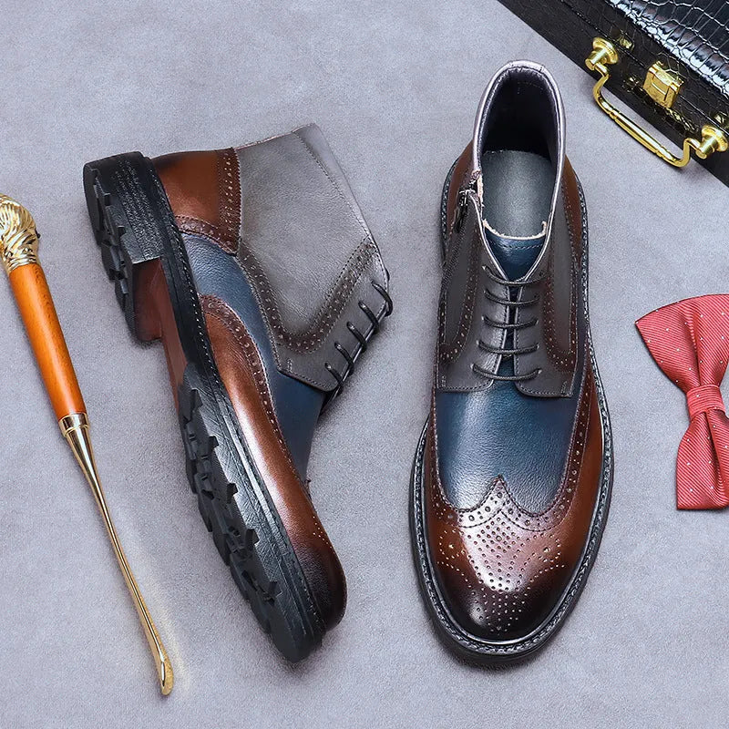 Men's coffee blue brogue boots with carved leather detailing and front lacing