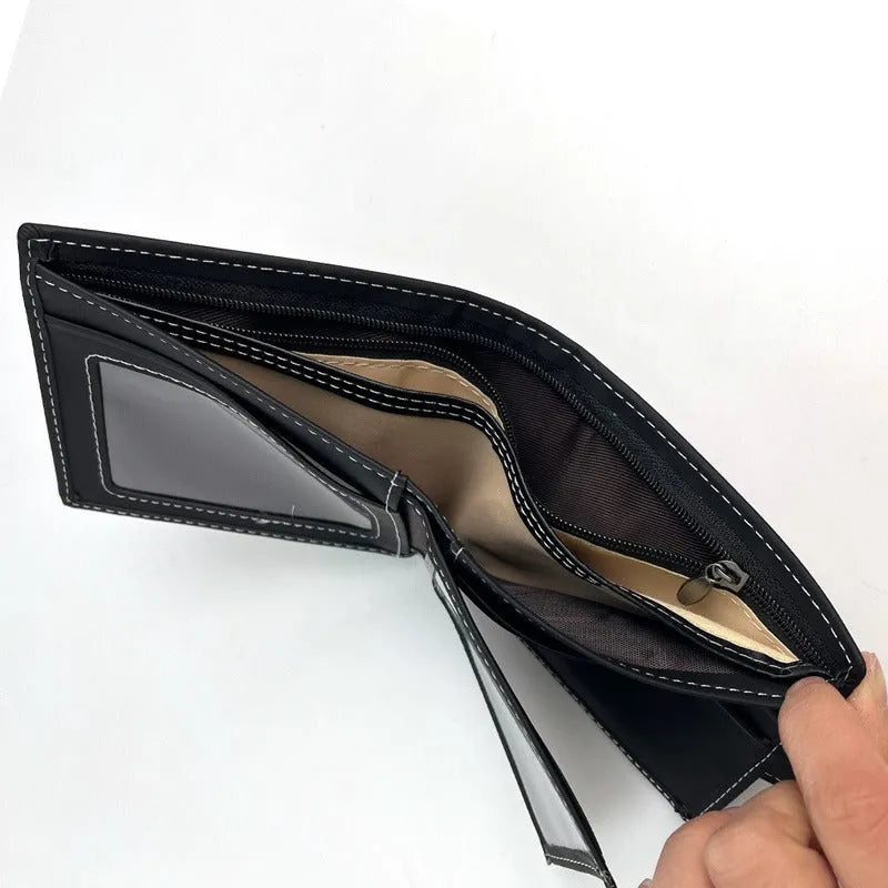 Black men's short wallet with animal pattern design showing multiple card slots and zipper closure