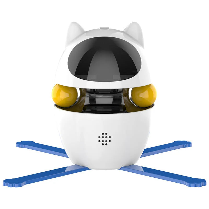 White automatic interactive cat toy stick with elastic rope extended, on a plain background.