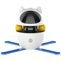 White automatic interactive cat toy stick with elastic rope extended, on a plain background.