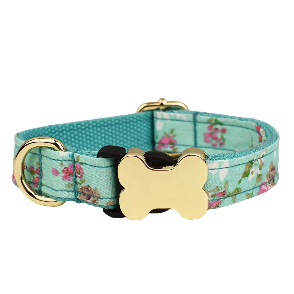 Flat fabric printed grid dog collar with bone buckle in multiple colours.