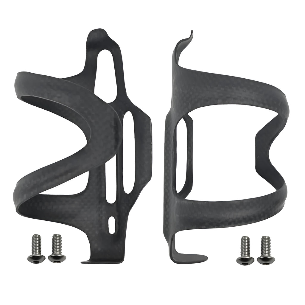 Black all-carbon fibre bicycle water bottle holder with side-pull quick release lever.