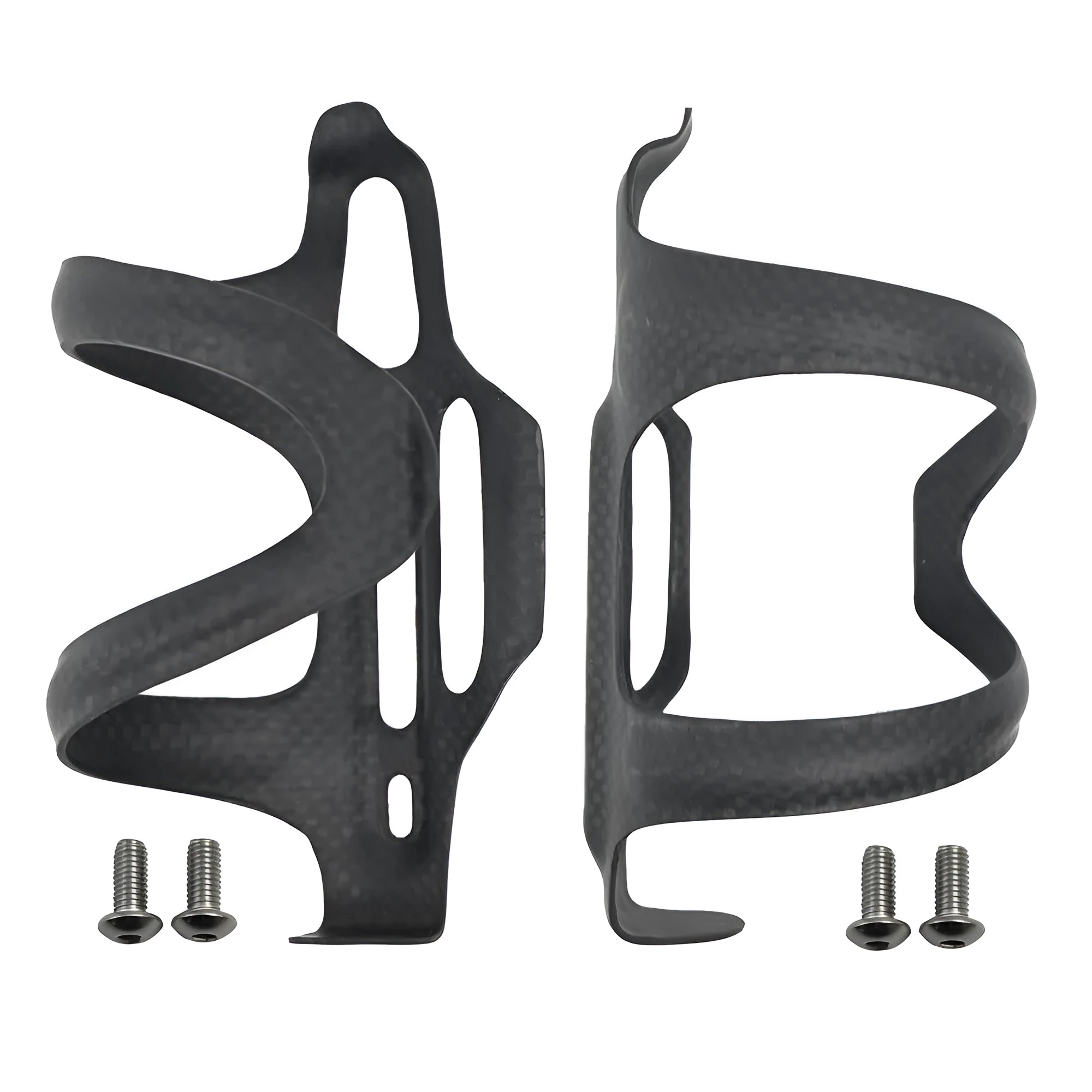 Black all-carbon fibre bicycle water bottle holder with side-pull quick release lever.