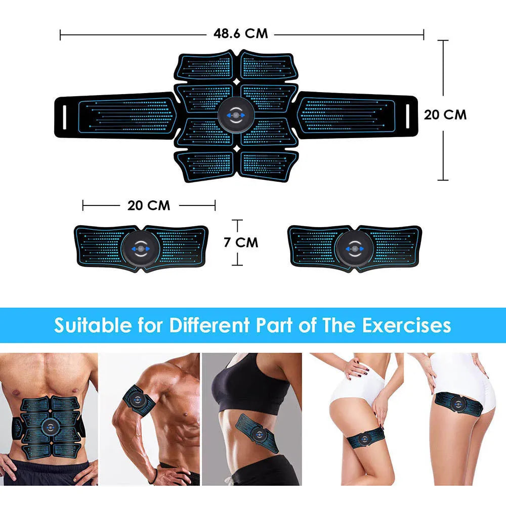 EMS abdominal muscle stimulator belt with 6 modes, 10 frequencies, 1 belly belt, 2 arm belts, and 3 controllers.