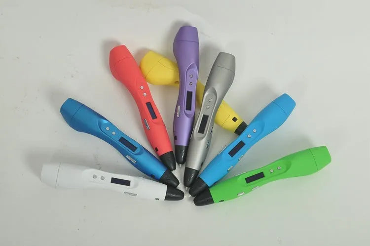 Light blue 3D printing pen with hot melt extrusion, 0.7mm nozzle, UK plug, lying on a white surface