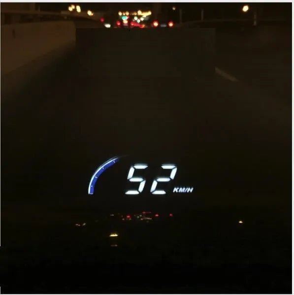 A101 OBD2 universal head-up display with 3-inch LED screen in black, mounted on car dashboard with speed and temperature projection