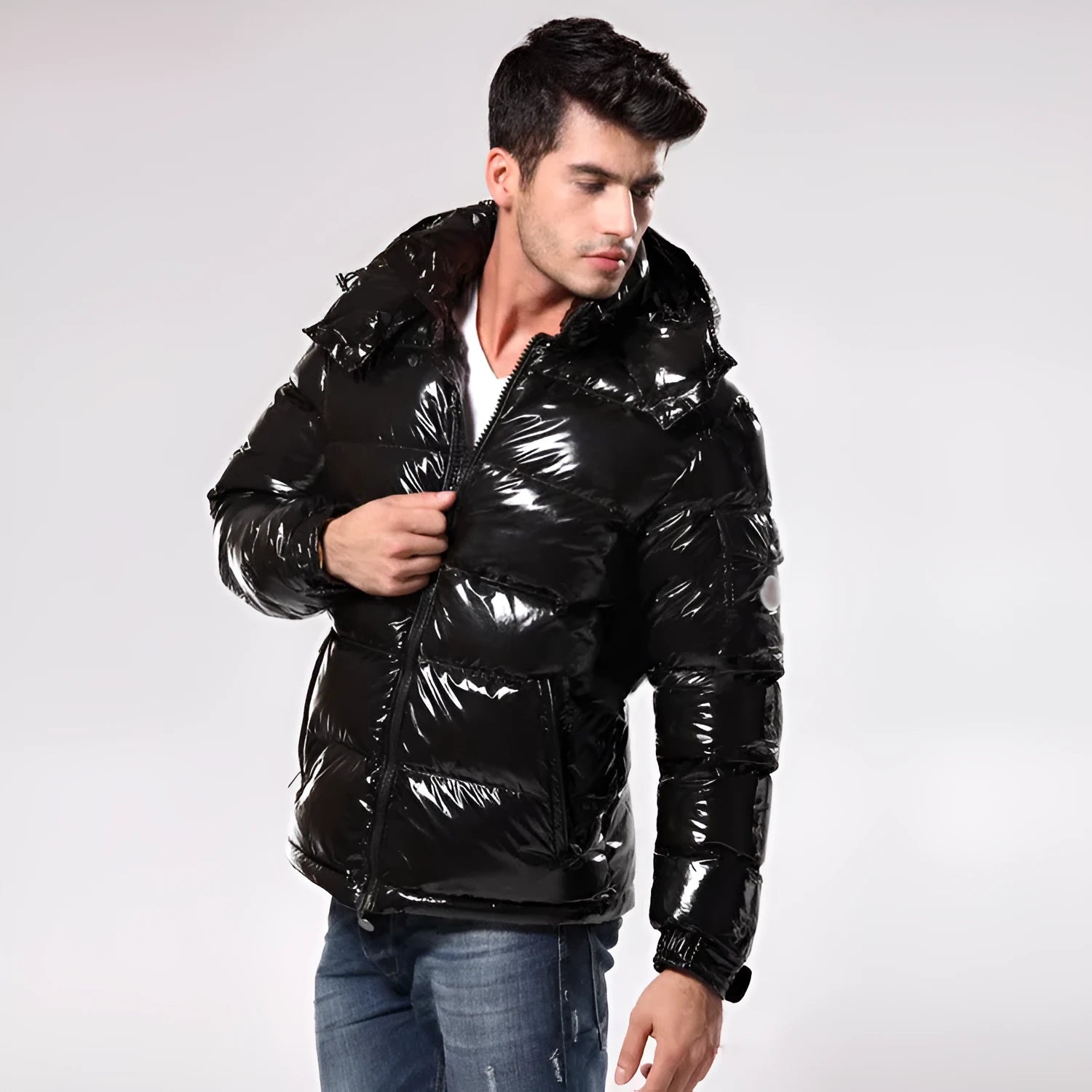 Thick down jacket for men women white duck down filling loose fit black gloss colour