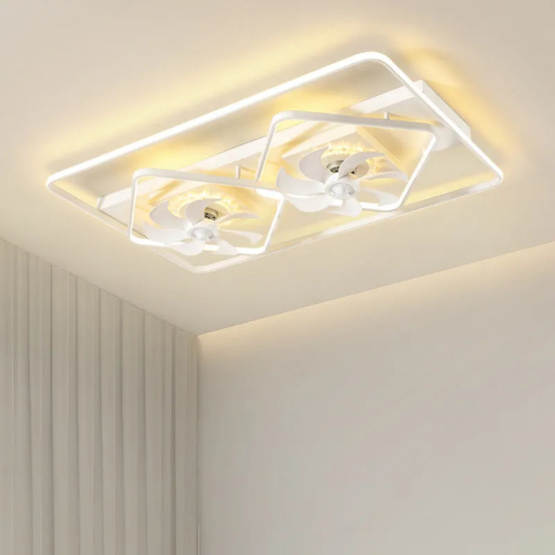 Modern white ceiling fan with integrated light and plastic blades, shown installed on a ceiling.