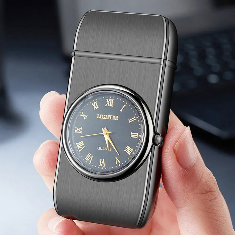 Electronic watch lighter showing LED digital display integrated with butane gas lighter mechanism in brushed metal body