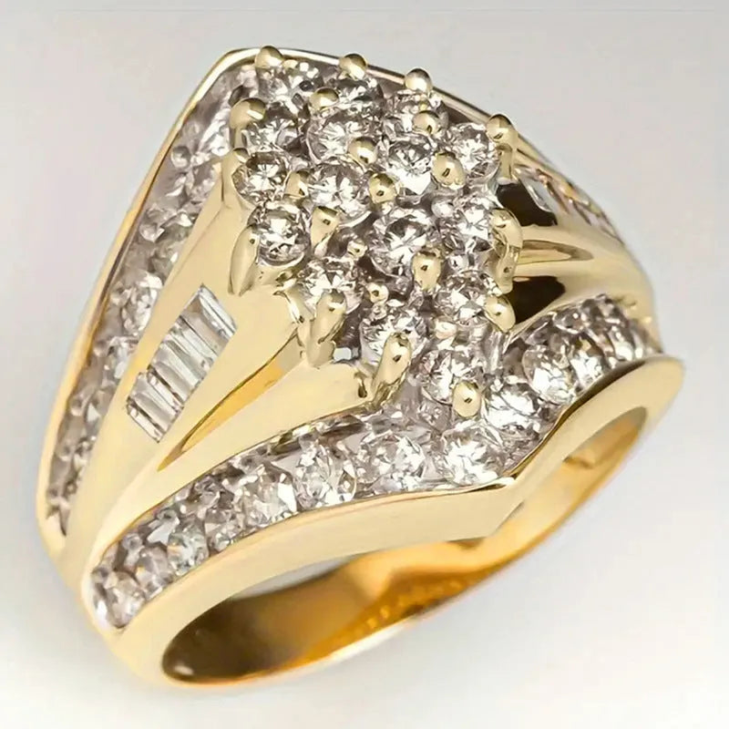 Geometric copper fashion ring with electroplated gold finish and sweet palace style elements