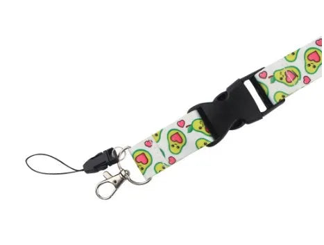 Avocado cartoon design on a green and black double-sided polyester phone lanyard with a silver adjustable buckle.