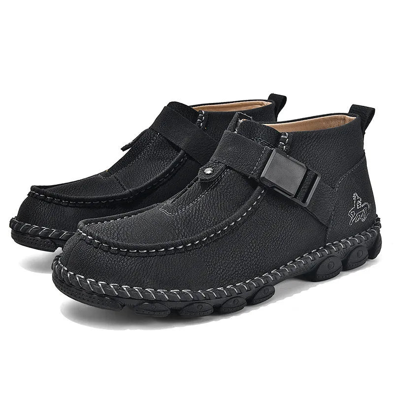 Handmade brown literary retro style slip-on shoes with flat heel and sewing sole construction.