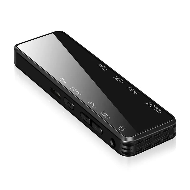 Black zinc alloy U disk voice recorder and MP3 player showing LCD screen and USB connector.
