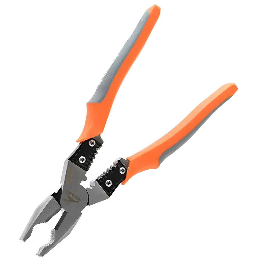 Orange-handled multi-function wire cutter pliers with chrome steel jaws for cutting and stripping electrical wire.