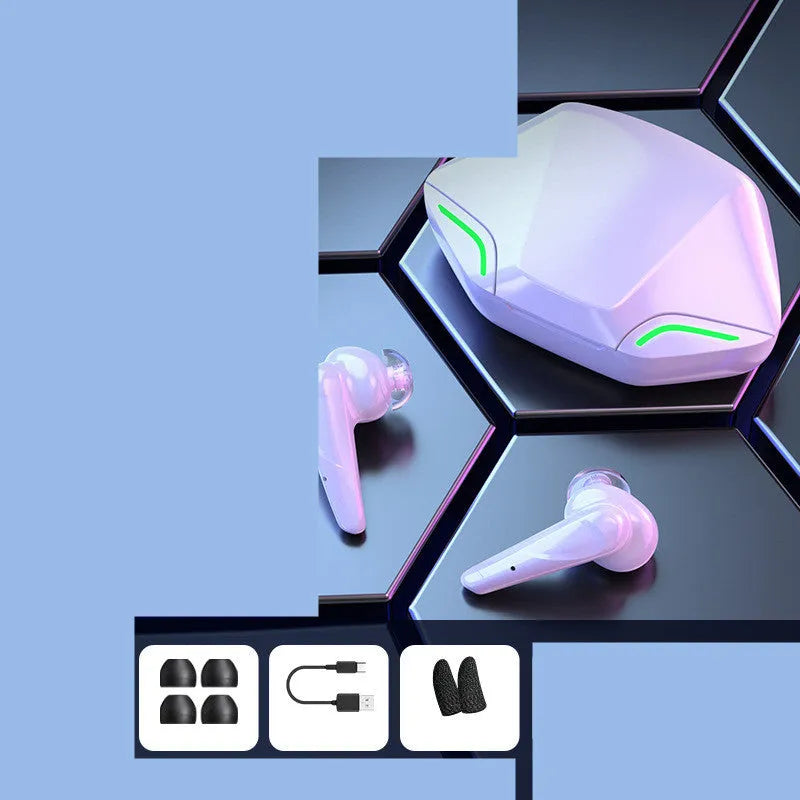 Wireless Bluetooth gaming headset with charging cabin and coloured ear caps on a grey background