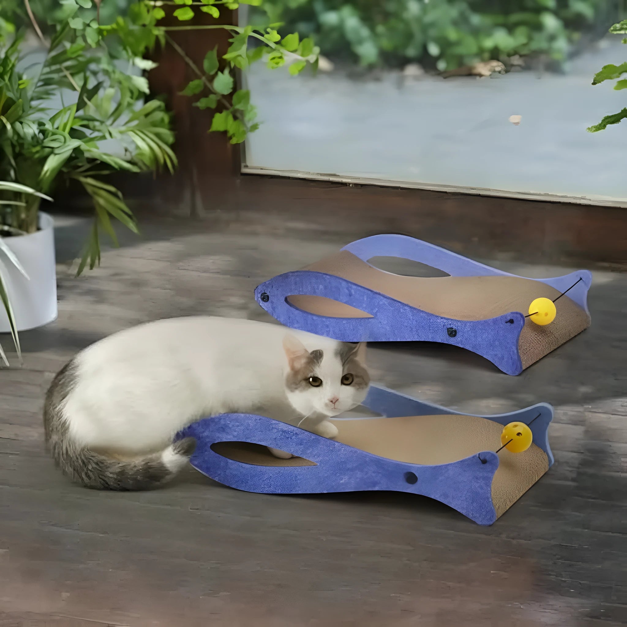 Blue fish-shaped cardboard cat scratcher with bell balls on an elastic cord