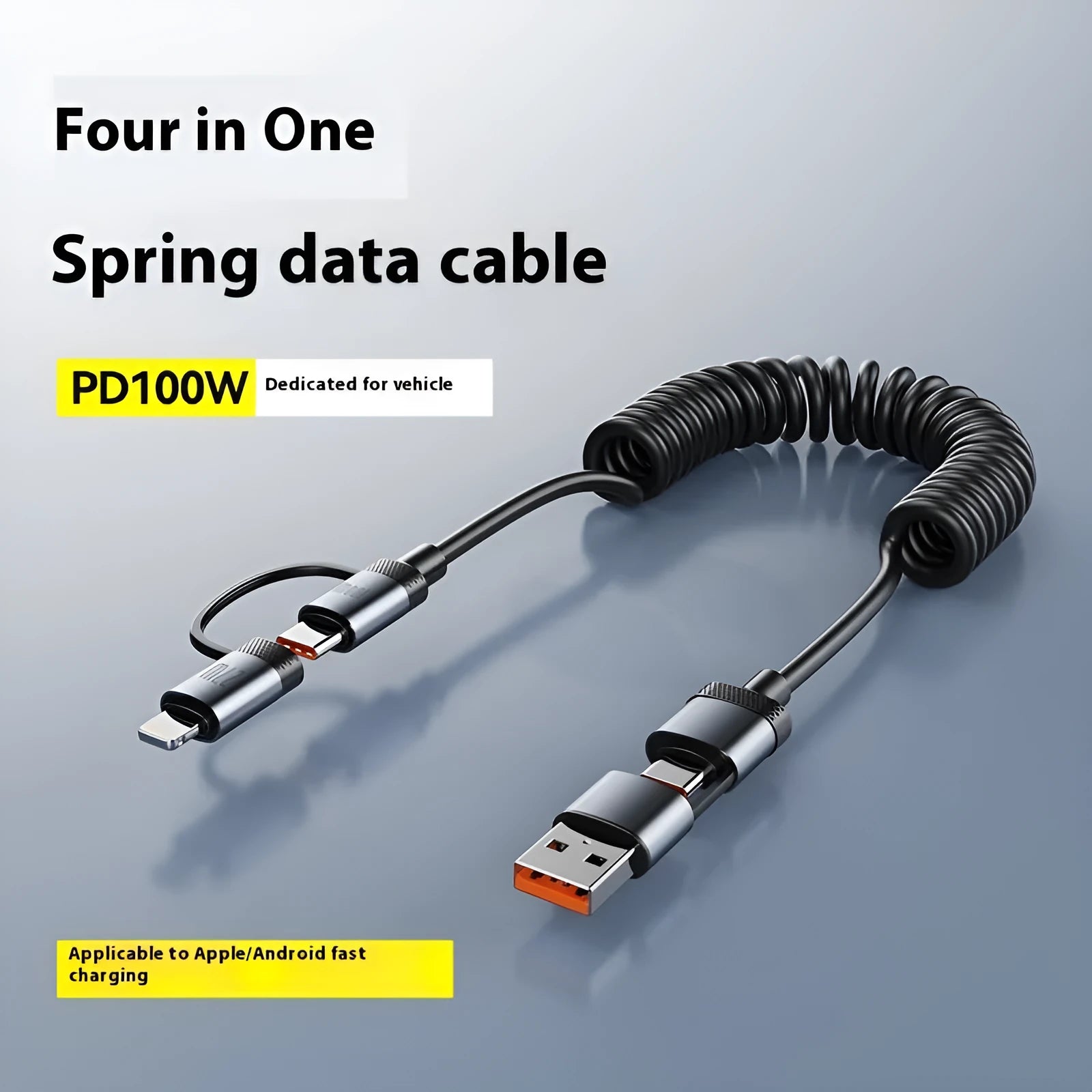 Two Fast Charge car spring wire data cable in black with Lightning and Type-C connectors, 1.5m length, TPU material