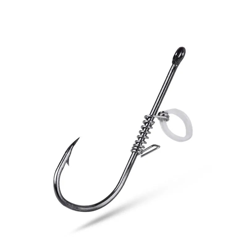 Pack of 10 spring rubber band sea fishing hooks for live shrimp, barbed points, sizes No 2 to No 5/0