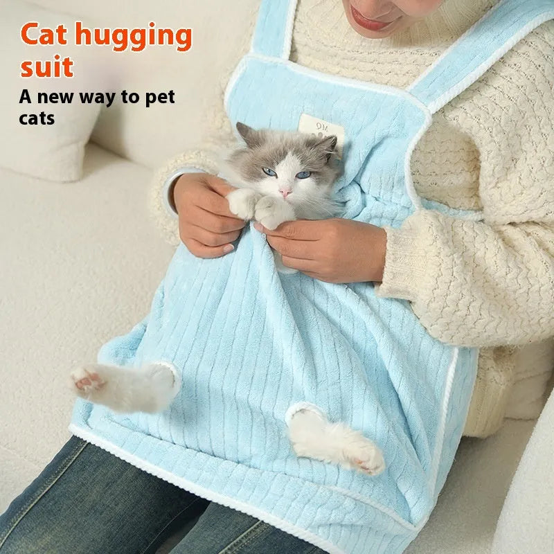 Cat petting apron made from cloth fabric in various colours including pink, light blue, and striped patterns