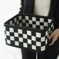 Grey checkerboard patterned folding felt storage basket with dimensions 37cm by 29cm.