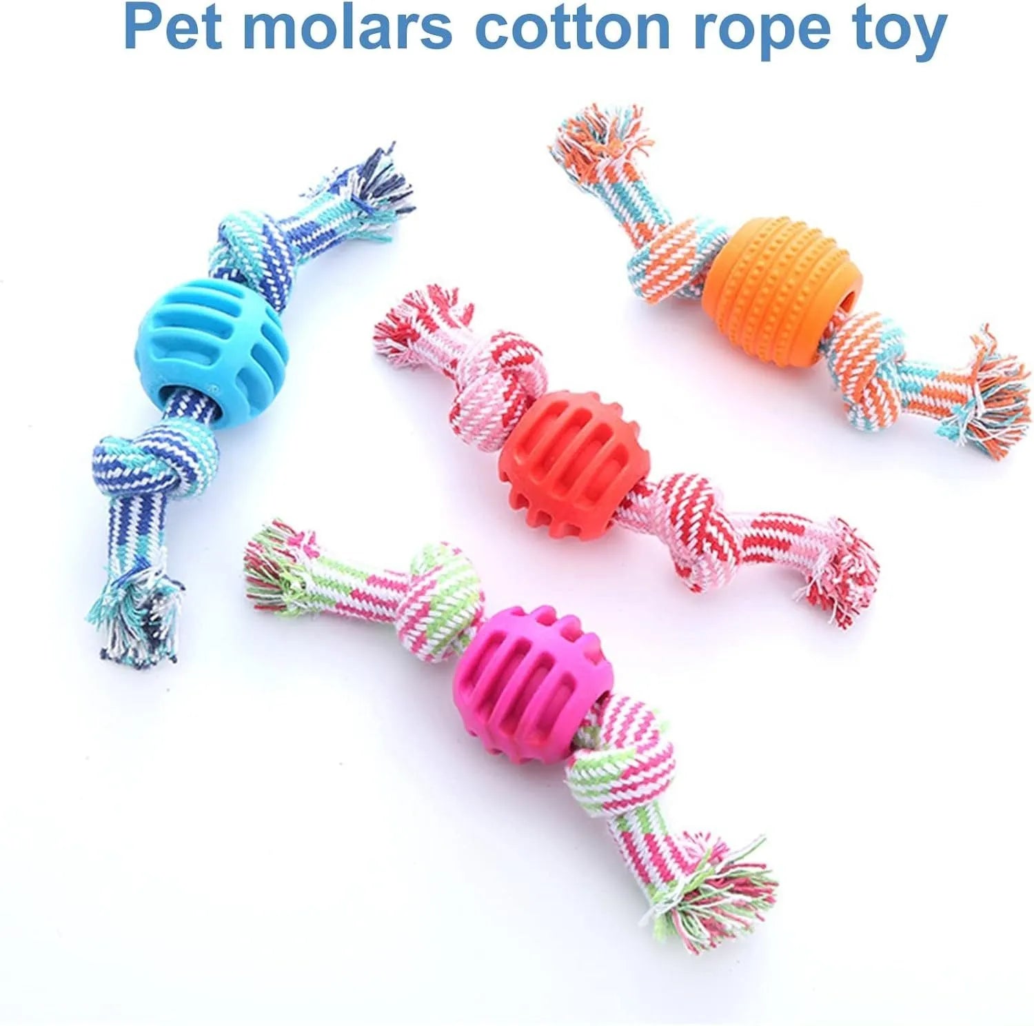 Set of blue and green rope and soft molar chew toys for dogs on a white background.