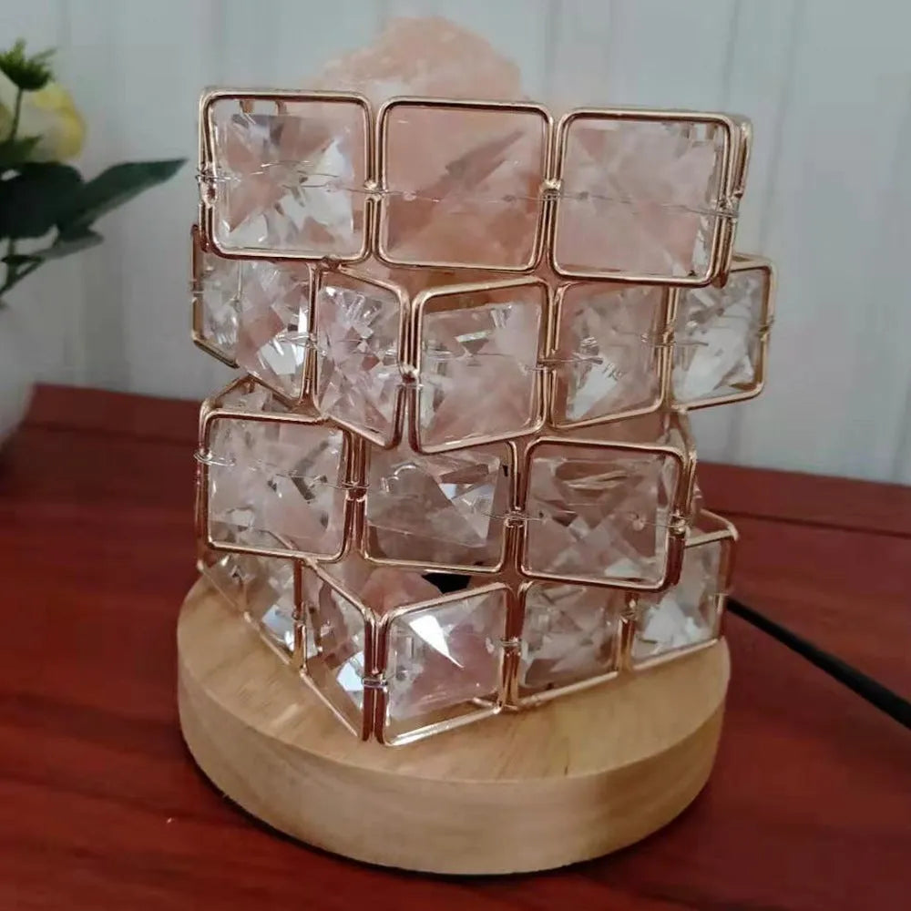 Himalayan crystal salt lamp with wooden base and dimmable switch, pink and orange rock salt, 220V, UK plug