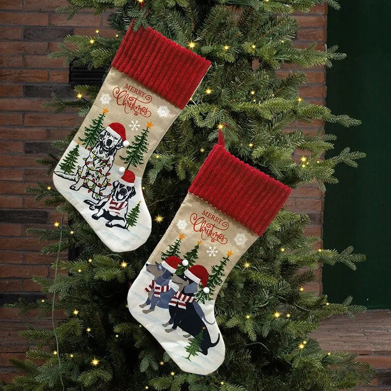 Cloth Christmas tree pendant with dog and cat sock designs, dimensions 46cm by 28cm